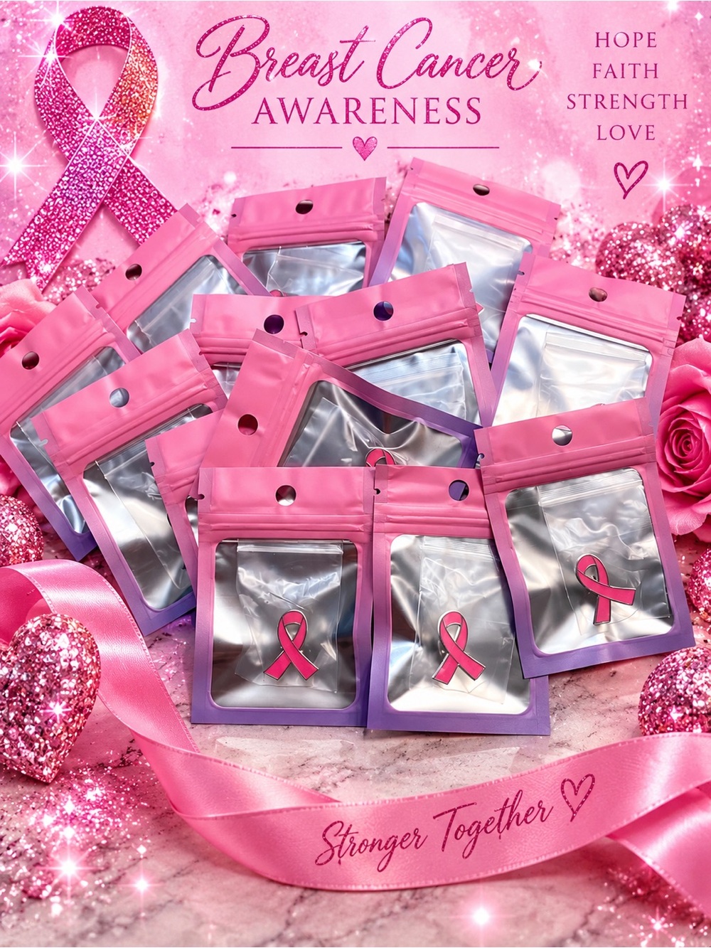 *Buy Now* Breast Cancer Awareness Pink Ribbon Pin Thank You’s Set of 15